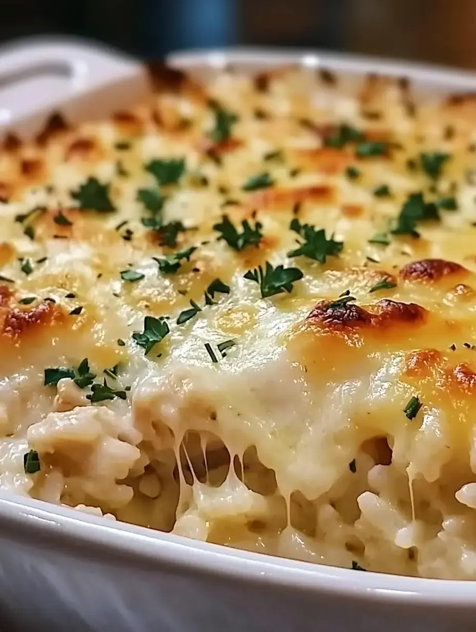 A creamy, cheesy casserole topped with golden-brown cheese and sprinkled with fresh herbs.