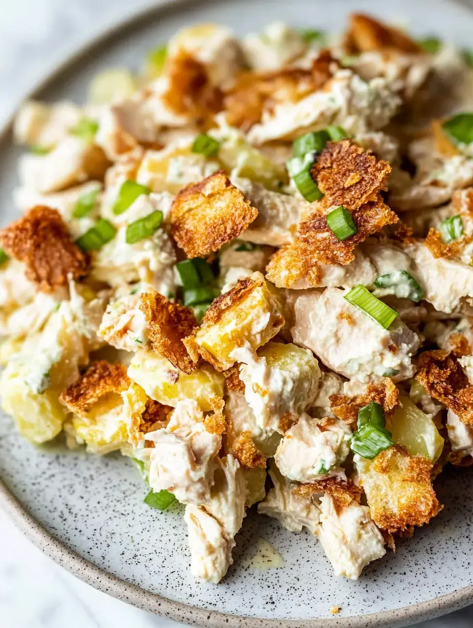 A close-up view of a plate of creamy chicken salad topped with crispy bread pieces and garnished with chopped green onions.