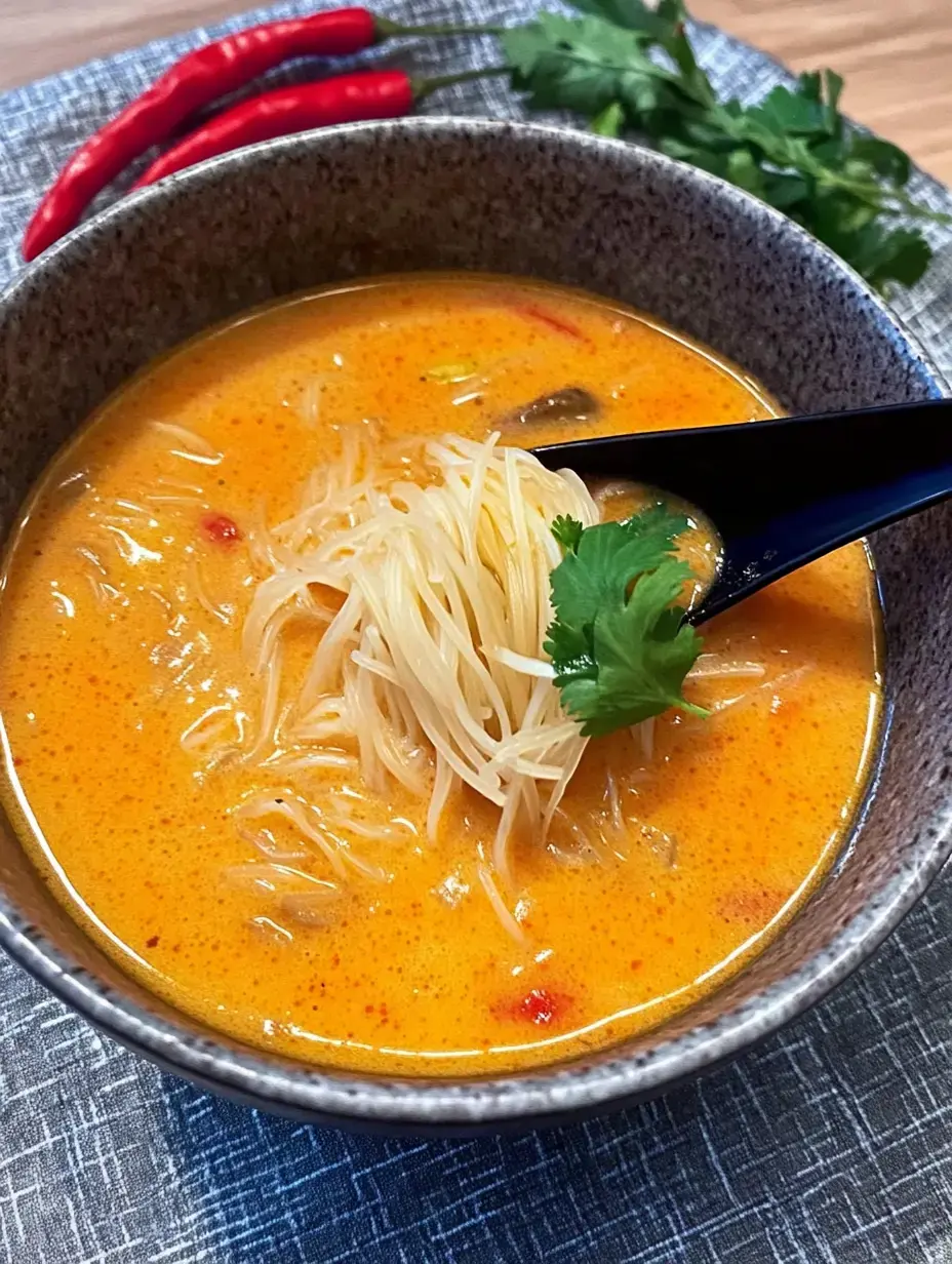 A bowl of spicy Asian noodle soup garnished with cilantro and served with red chili peppers in the background.