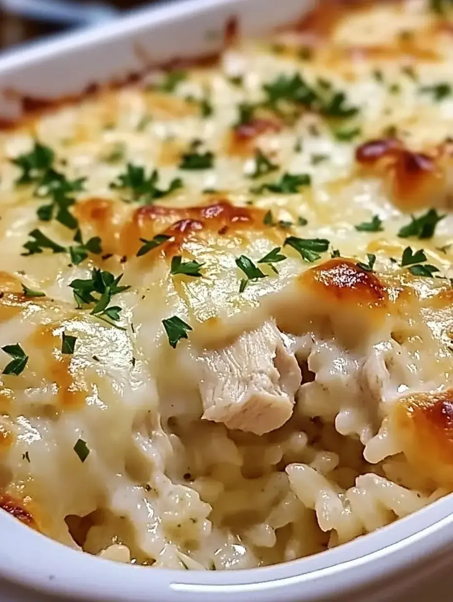 A creamy chicken and rice casserole topped with melted cheese and fresh parsley.