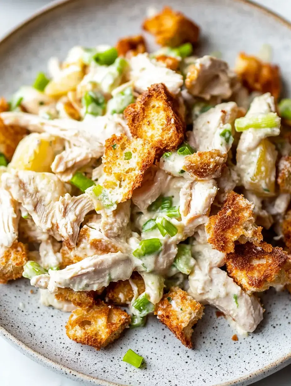 A plate of shredded chicken mixed with green onions and toasted bread cubes, coated in a creamy dressing.