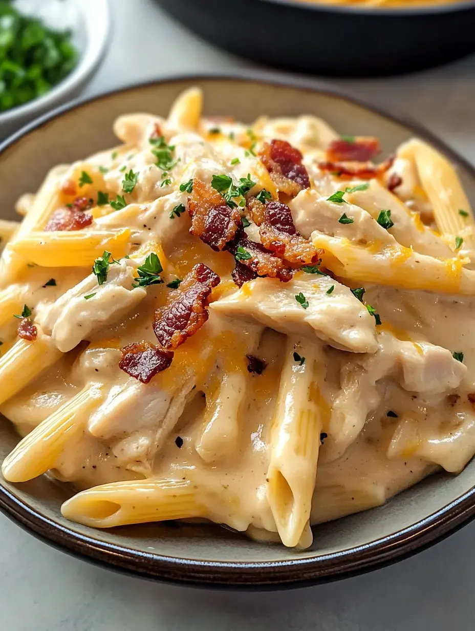 A close-up of a bowl of creamy penne pasta topped with shredded chicken, crispy bacon, and chopped parsley.