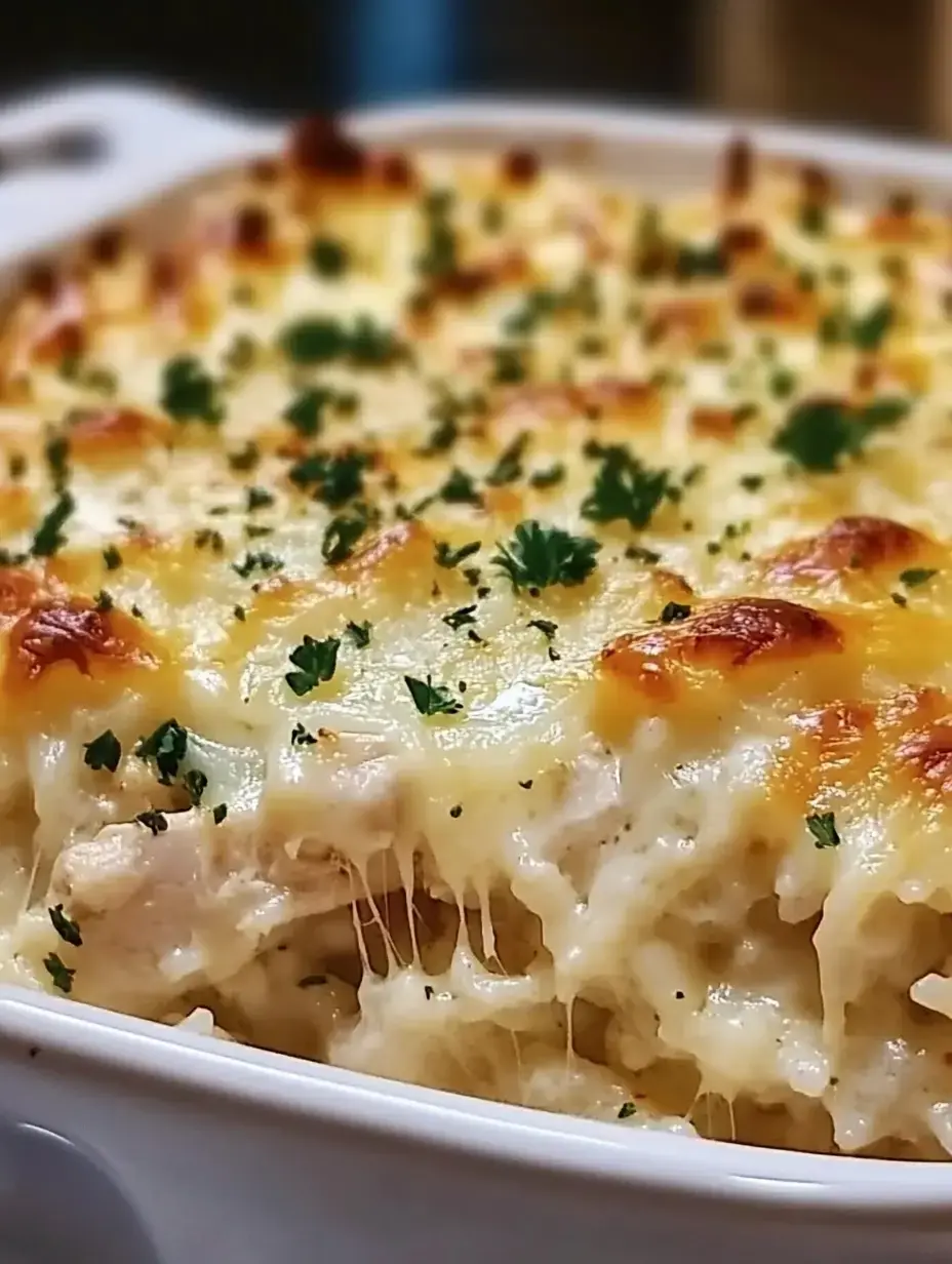 A close-up of a creamy, cheesy casserole topped with golden-brown cheese and garnished with chopped parsley.