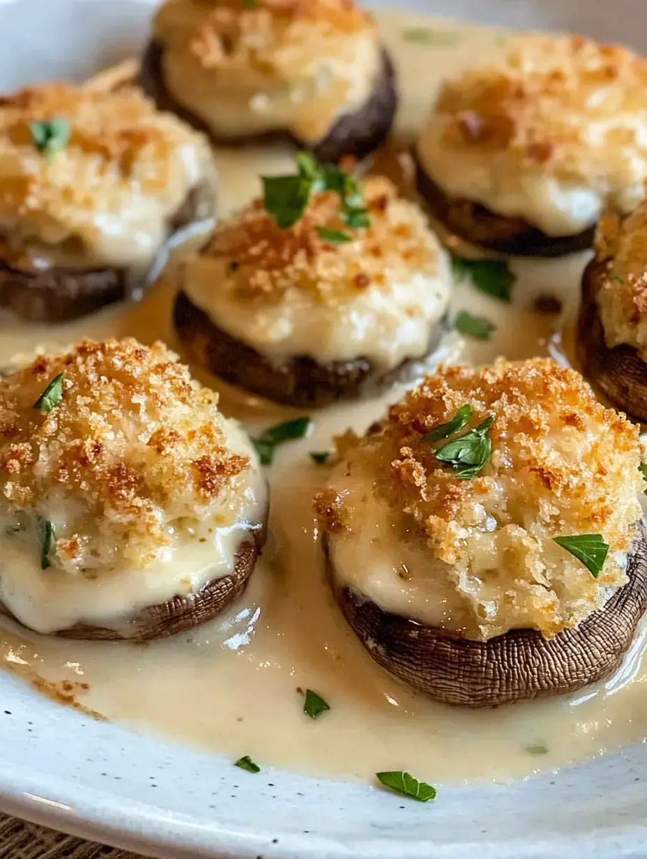 A plate of stuffed mushrooms topped with breadcrumbs and surrounded by a creamy sauce, garnished with parsley.