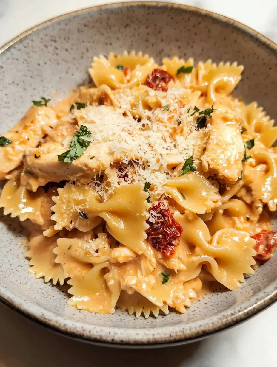 A bowl of creamy chicken farfalle pasta topped with grated cheese and sun-dried tomatoes.