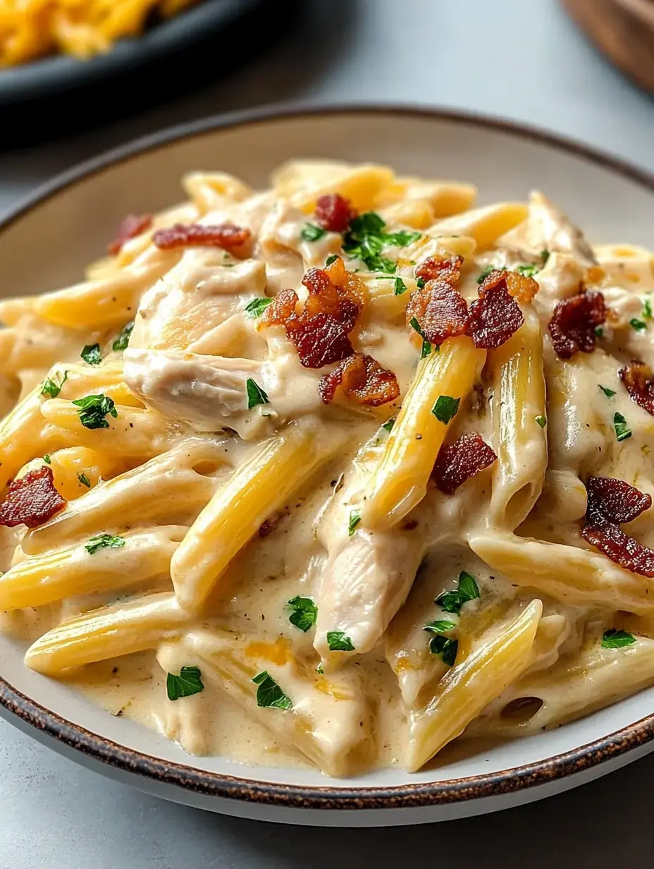 A close-up of a creamy chicken pasta dish topped with crispy bacon and chopped parsley, served in a white bowl.