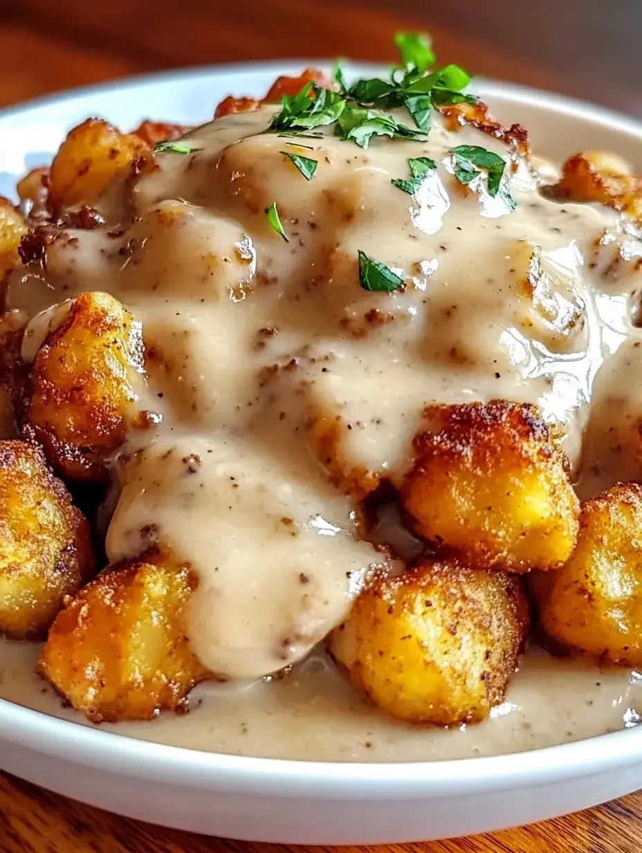 A bowl of crispy tater tots topped with a generous serving of creamy brown gravy and garnished with chopped parsley.