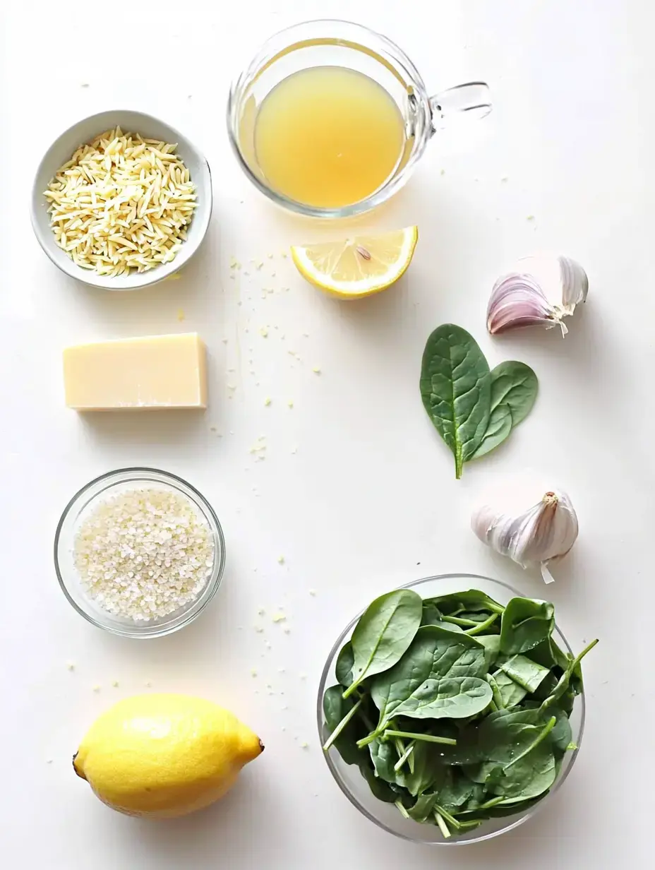 An assortment of ingredients including orzo pasta, vegetable broth, lemon, garlic, spinach, Parmesan cheese, and salt arranged on a white surface.