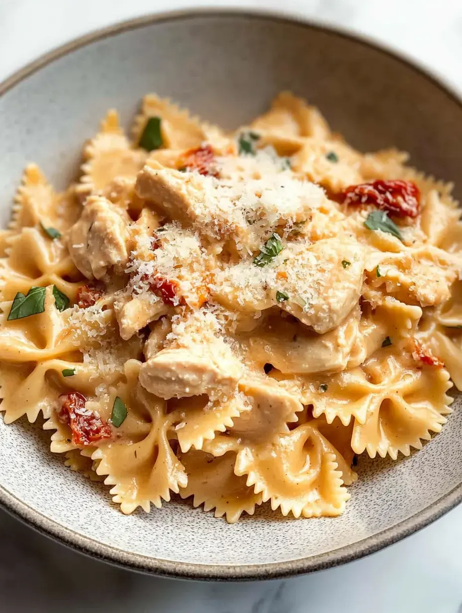 A bowl of farfalle pasta topped with creamy sauce, chicken pieces, sun-dried tomatoes, and grated cheese.