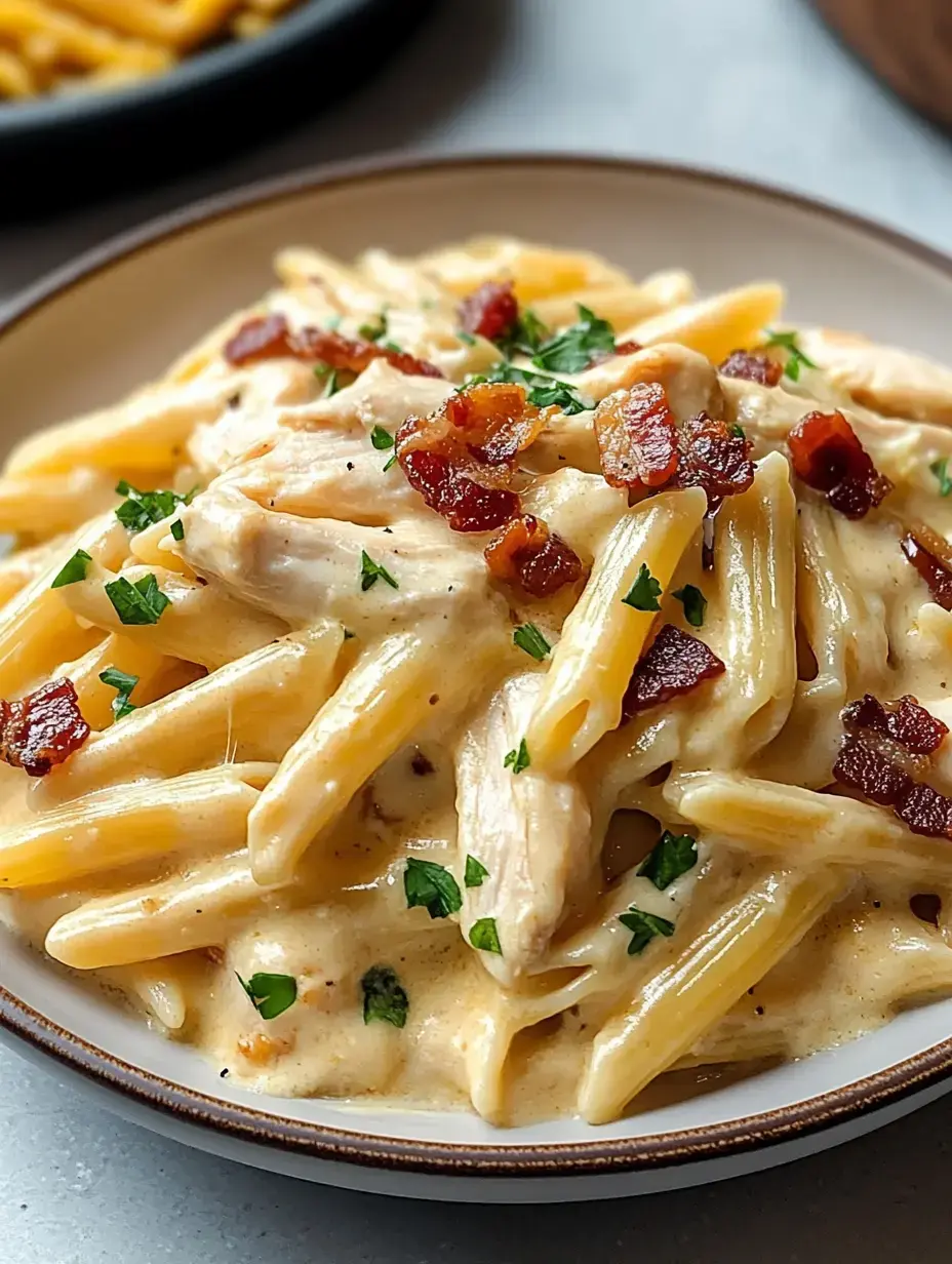 A creamy pasta dish featuring penne, chicken, crispy bacon, and garnished with fresh parsley.