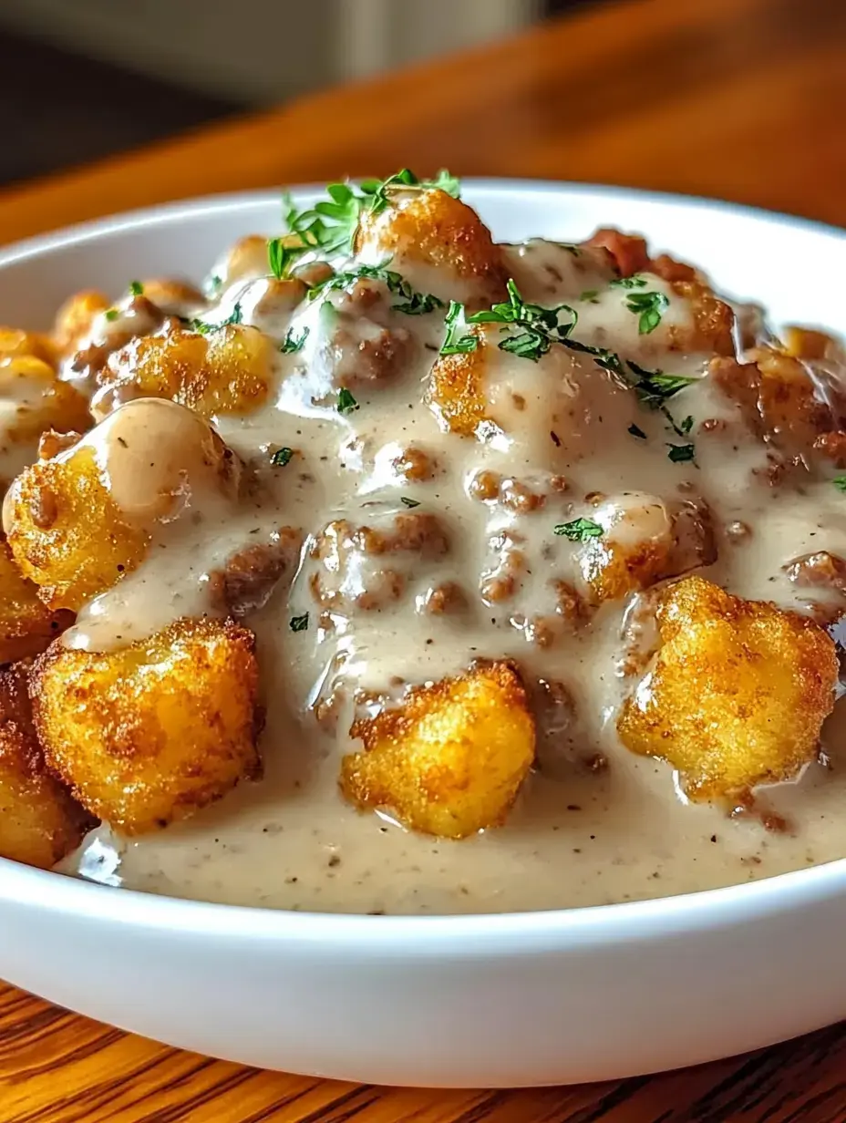 A close-up image of a bowl filled with crispy fried dough pieces smothered in a creamy, savory gravy, garnished with fresh herbs.