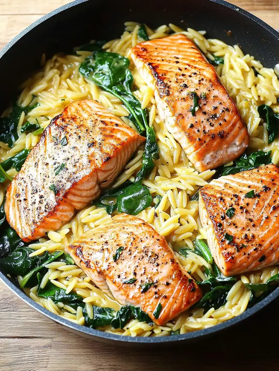 A skillet contains four pieces of seared salmon atop a bed of orzo pasta mixed with spinach.