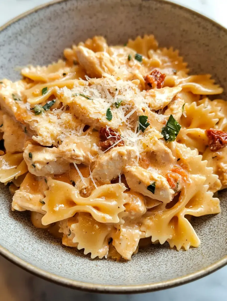 A serving of farfalle pasta topped with creamy sauce, shredded cheese, sun-dried tomatoes, and herbs in a bowl.