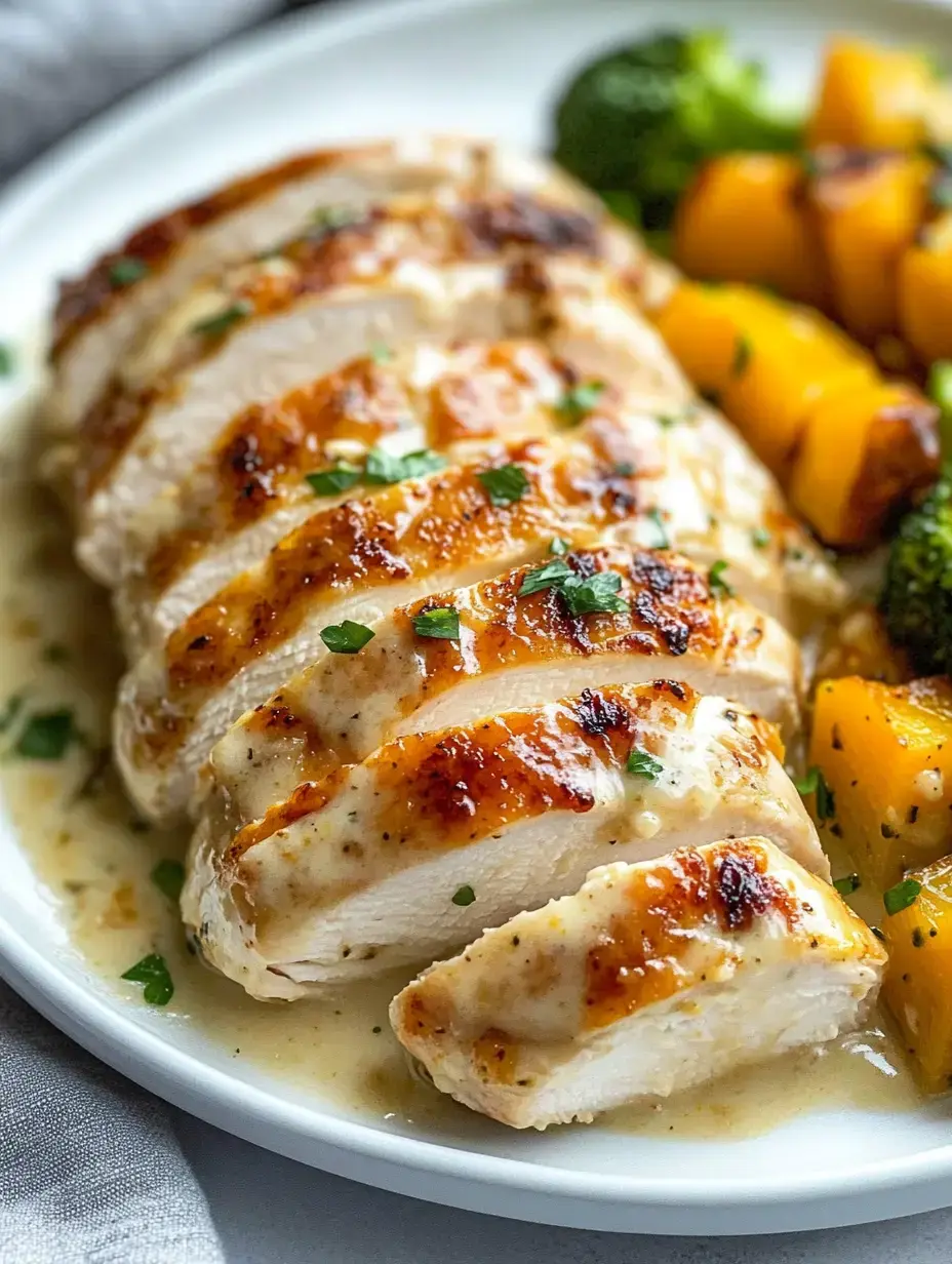 Sliced grilled chicken breast is served with broccoli and roasted butternut squash on a white plate, garnished with parsley.