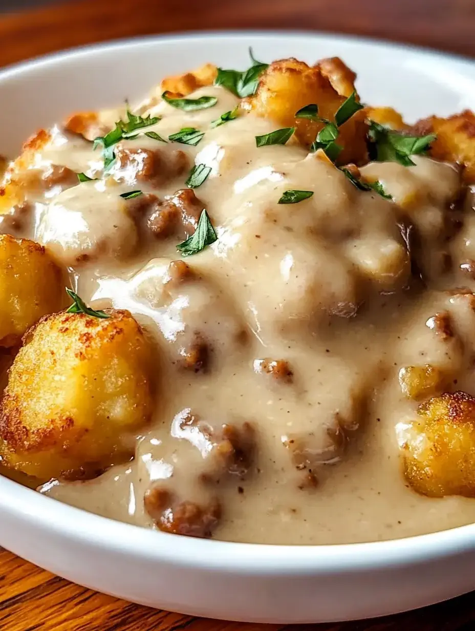 A close-up view of a bowl filled with crispy potatoes topped with a creamy gravy and sprinkled with fresh herbs.