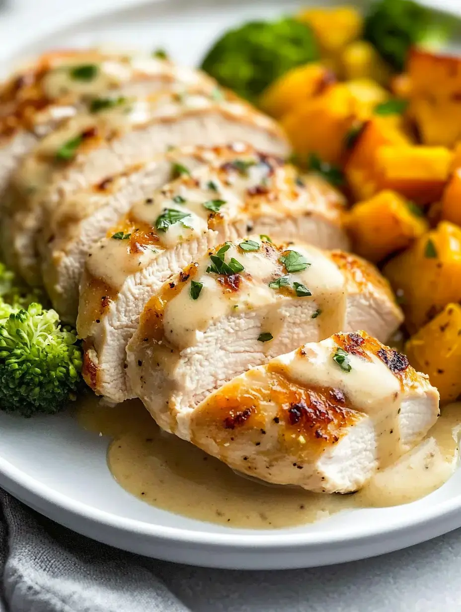 A plate of sliced grilled chicken breast drizzled with a creamy sauce, served with steamed broccoli and roasted squash.