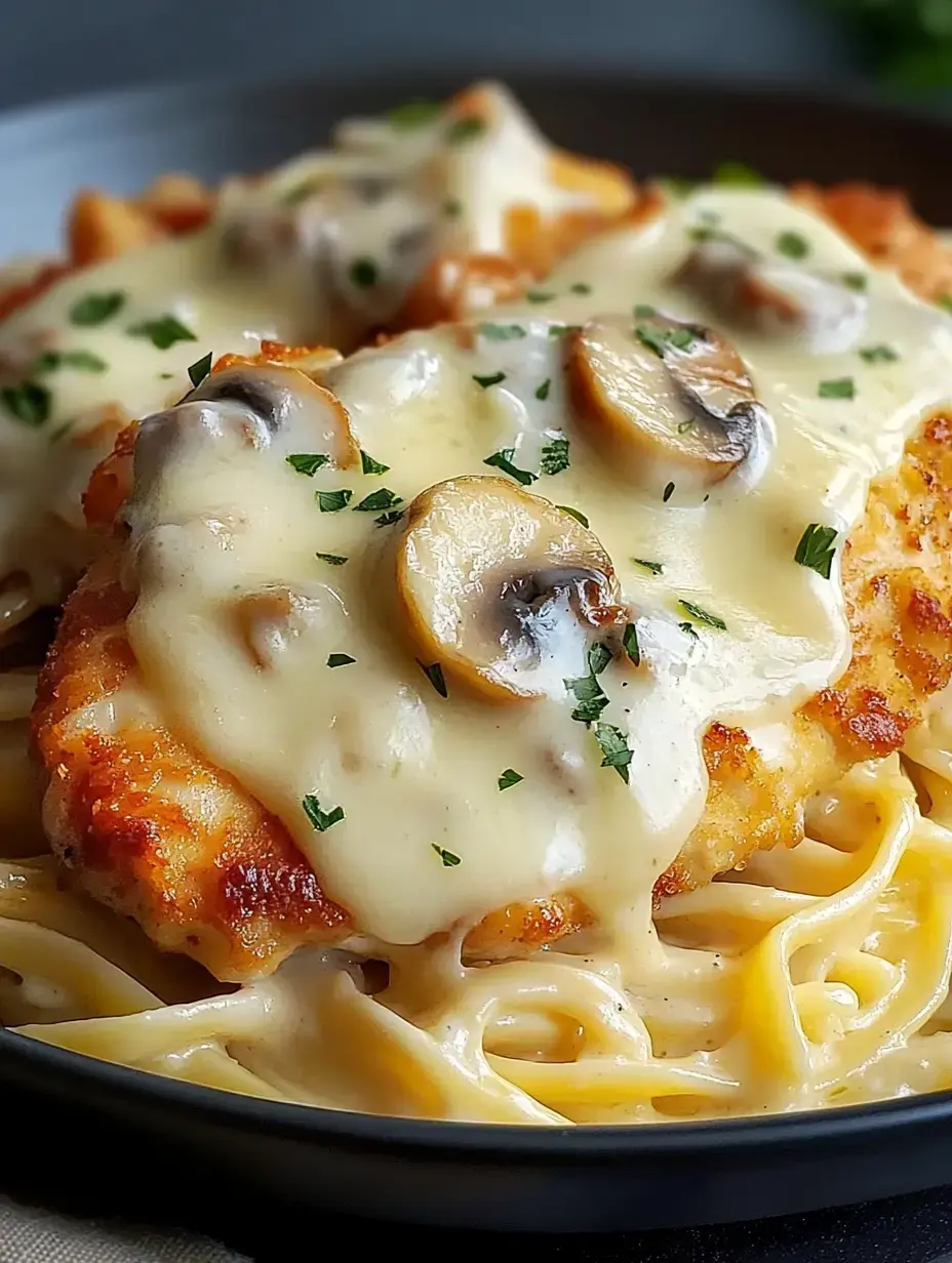 A close-up image of a plate featuring chicken topped with creamy mushroom sauce, served over fettuccine pasta and garnished with fresh parsley.