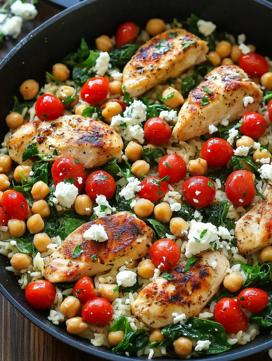 A skillet filled with cooked chicken breast, chickpeas, cherry tomatoes, spinach, and crumbled feta cheese over a bed of rice.