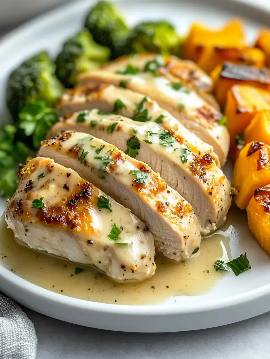 A white plate featuring sliced grilled chicken breast drizzled with sauce, accompanied by steamed broccoli and roasted butternut squash.