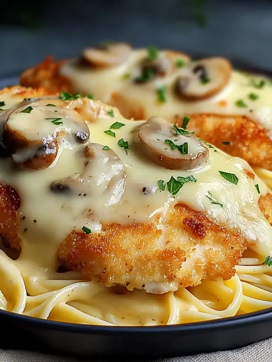 A close-up of a plate featuring two pieces of breaded chicken topped with creamy mushroom sauce and herbs, served over pasta.