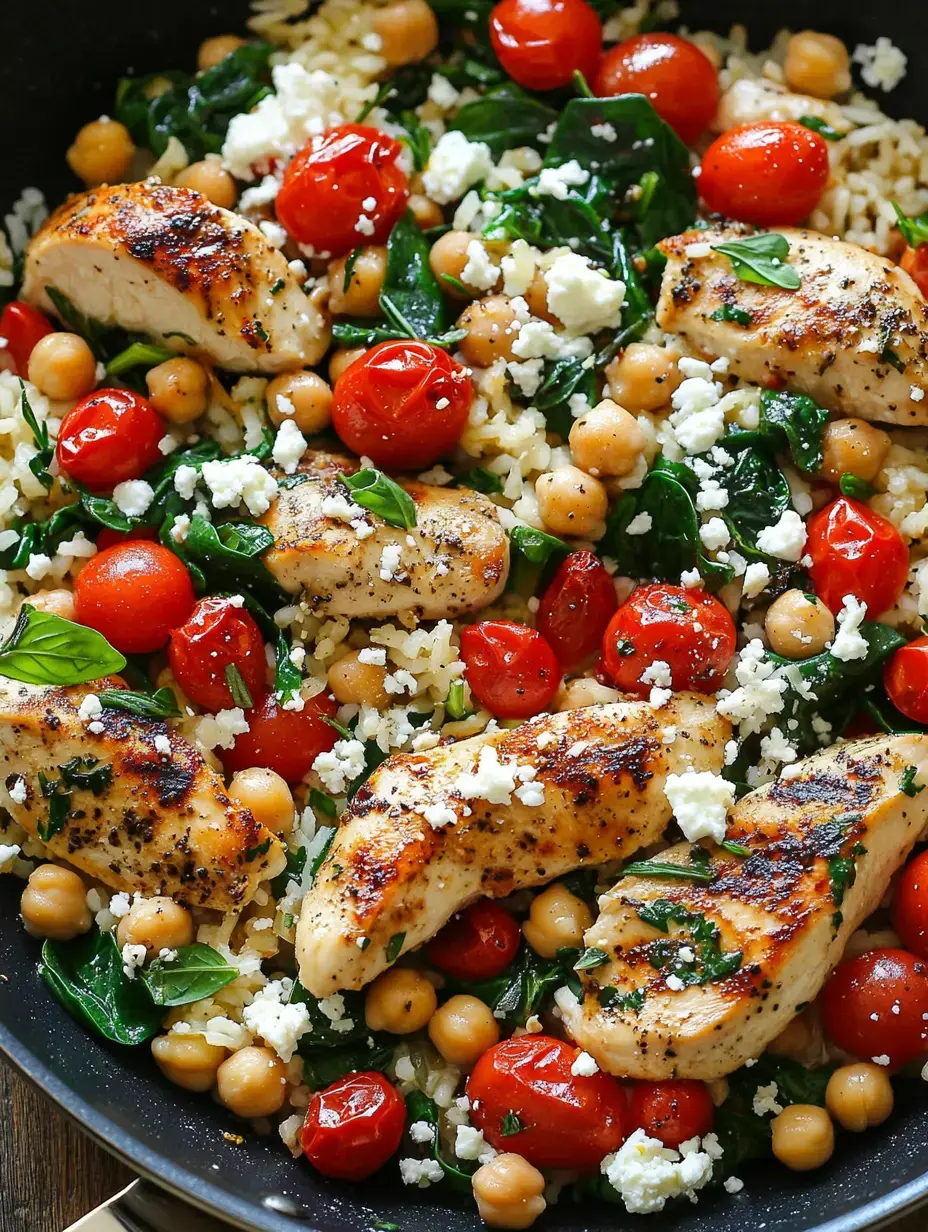 A skillet filled with seasoned chicken breast, sautéed spinach, chickpeas, halved cherry tomatoes, and crumbled feta cheese over a bed of rice.