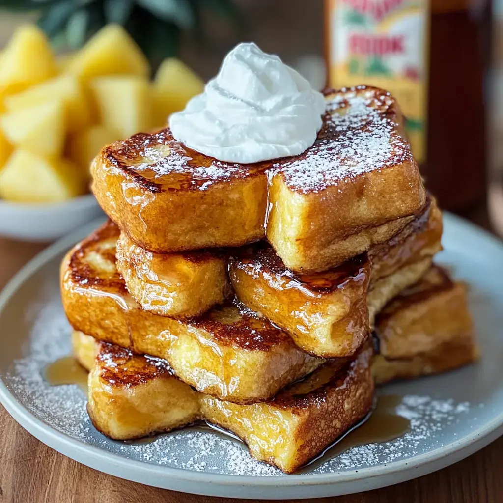 A stack of golden French toast topped with whipped cream and a drizzle of syrup, served with a side of pineapple chunks.