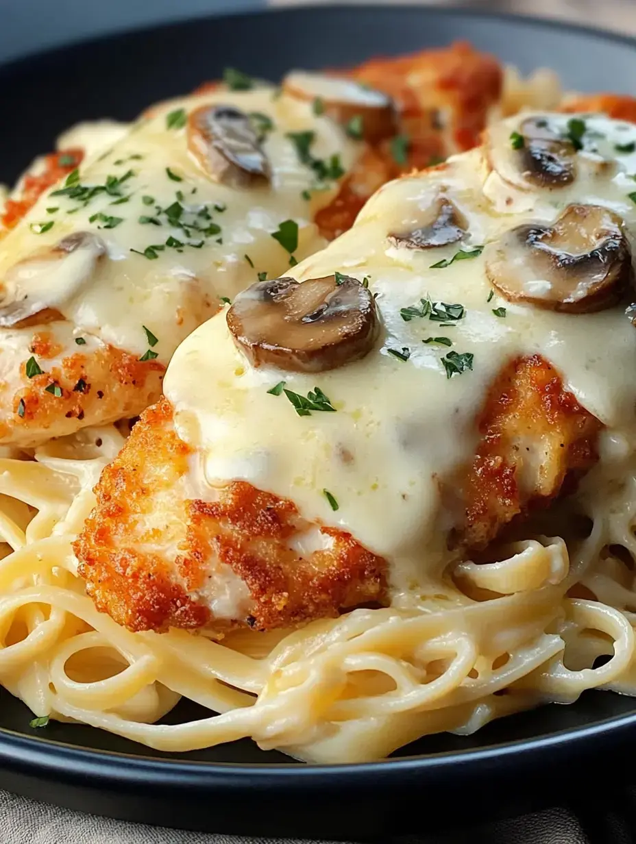 A close-up image of breaded chicken topped with melted cheese and mushrooms, served over a bed of fettuccine pasta.