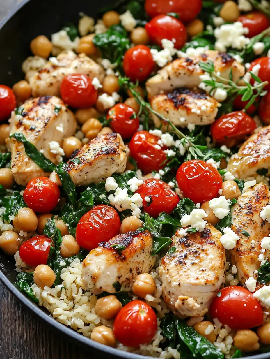 A skillet dish featuring grilled chicken, cherry tomatoes, chickpeas, spinach, and crumbled feta cheese served over rice.