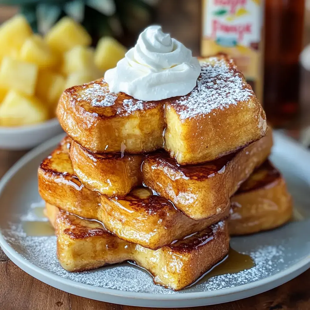 A stack of thick, golden French toast topped with whipped cream and powdered sugar, drizzled with syrup, accompanied by a bowl of diced pineapple in the background.