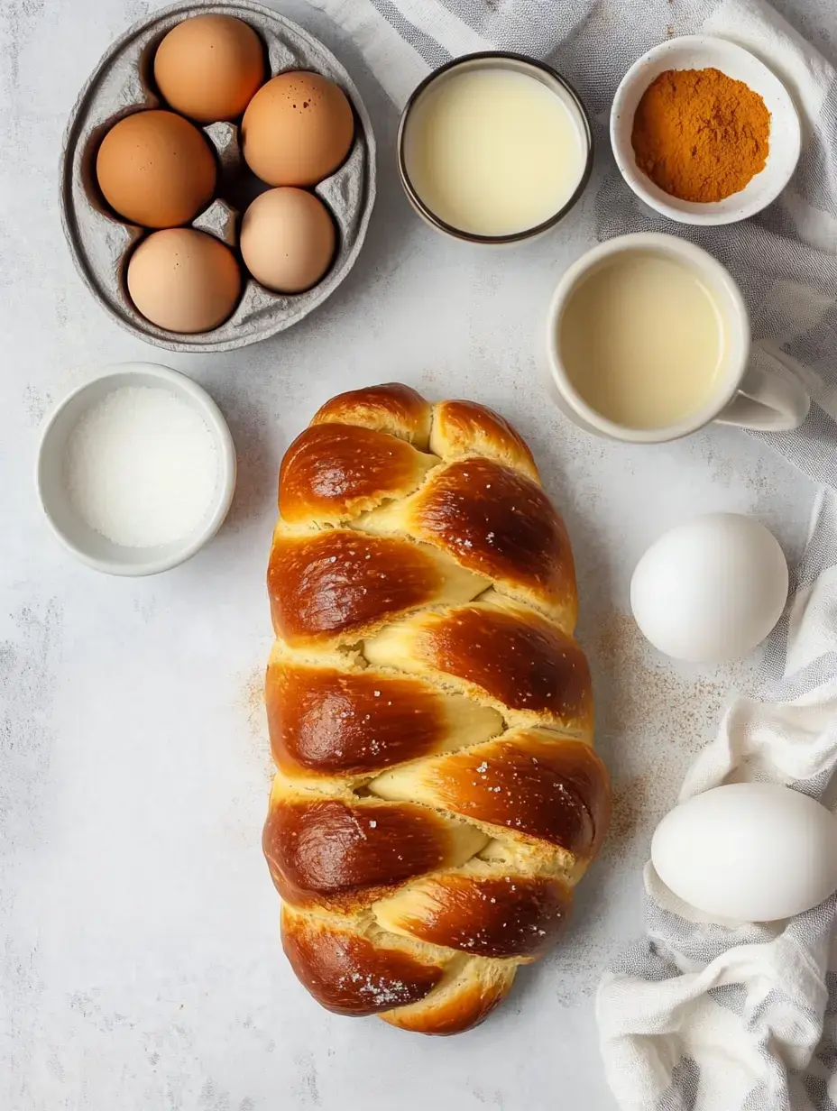 A braided loaf of bread is surrounded by eggs, milk, sugar, and a bowl of cinnamon on a light countertop.