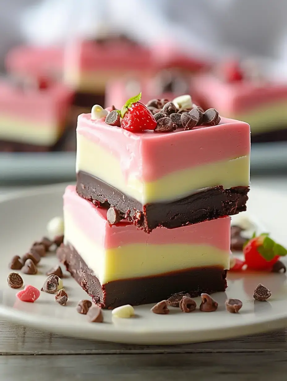 A close-up image of two layered dessert bars, featuring pink, yellow, and chocolate layers, garnished with chocolate chips and a small strawberry, on a plate with scattered chocolate chips.