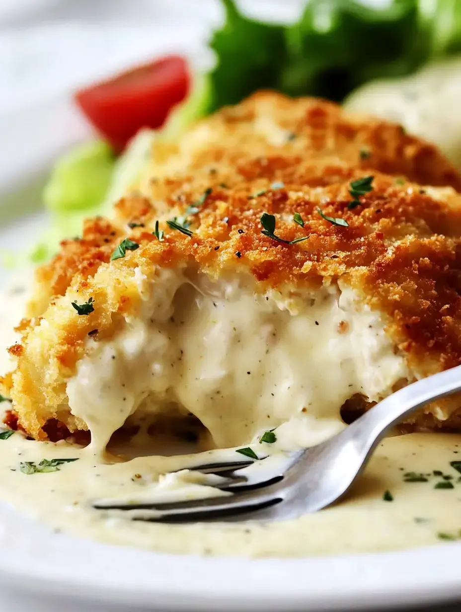 A close-up of a crispy, breaded chicken breast filled with creamy sauce, garnished with herbs, served on a plate with a fork and a side of salad.