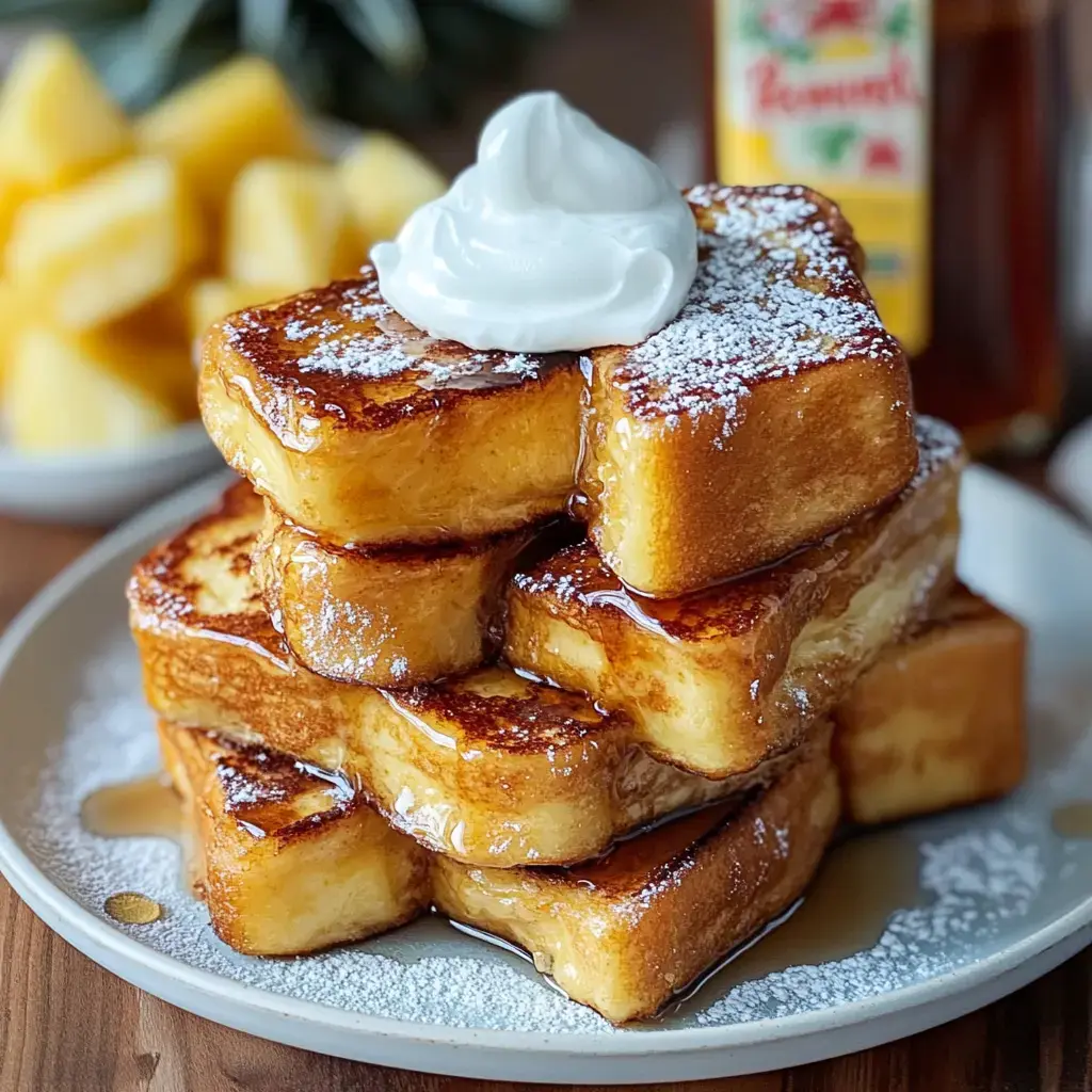 A stack of thick, golden-brown French toast topped with whipped cream and drizzled with syrup, accompanied by a serving of pineapple chunks in the background.