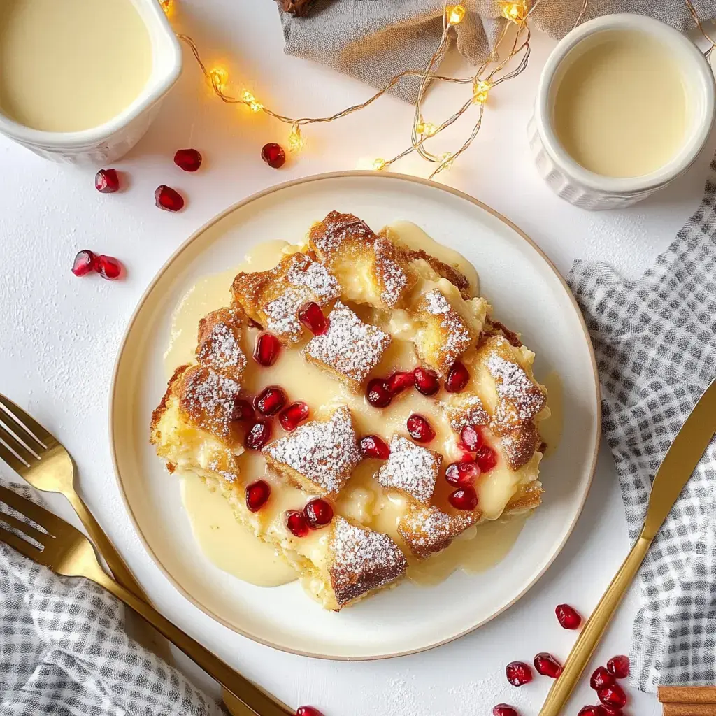 A plate of bread pudding topped with a creamy sauce, pomegranate seeds, and powdered sugar, surrounded by decorative fairy lights and utensils.