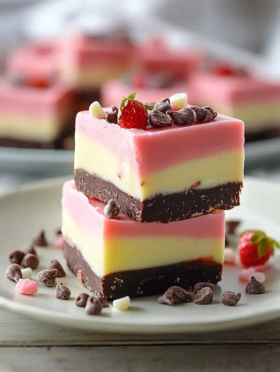 A close-up of two colorful layered dessert squares on a plate, topped with a strawberry and chocolate chips.