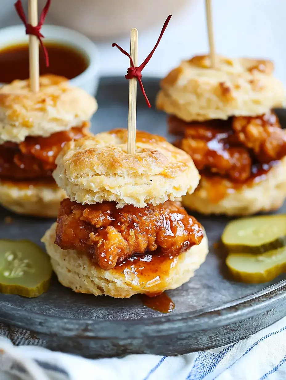 Three biscuit sandwiches filled with fried chicken and drizzled in sauce, garnished with pickles and secured with toothpicks on a serving platter.