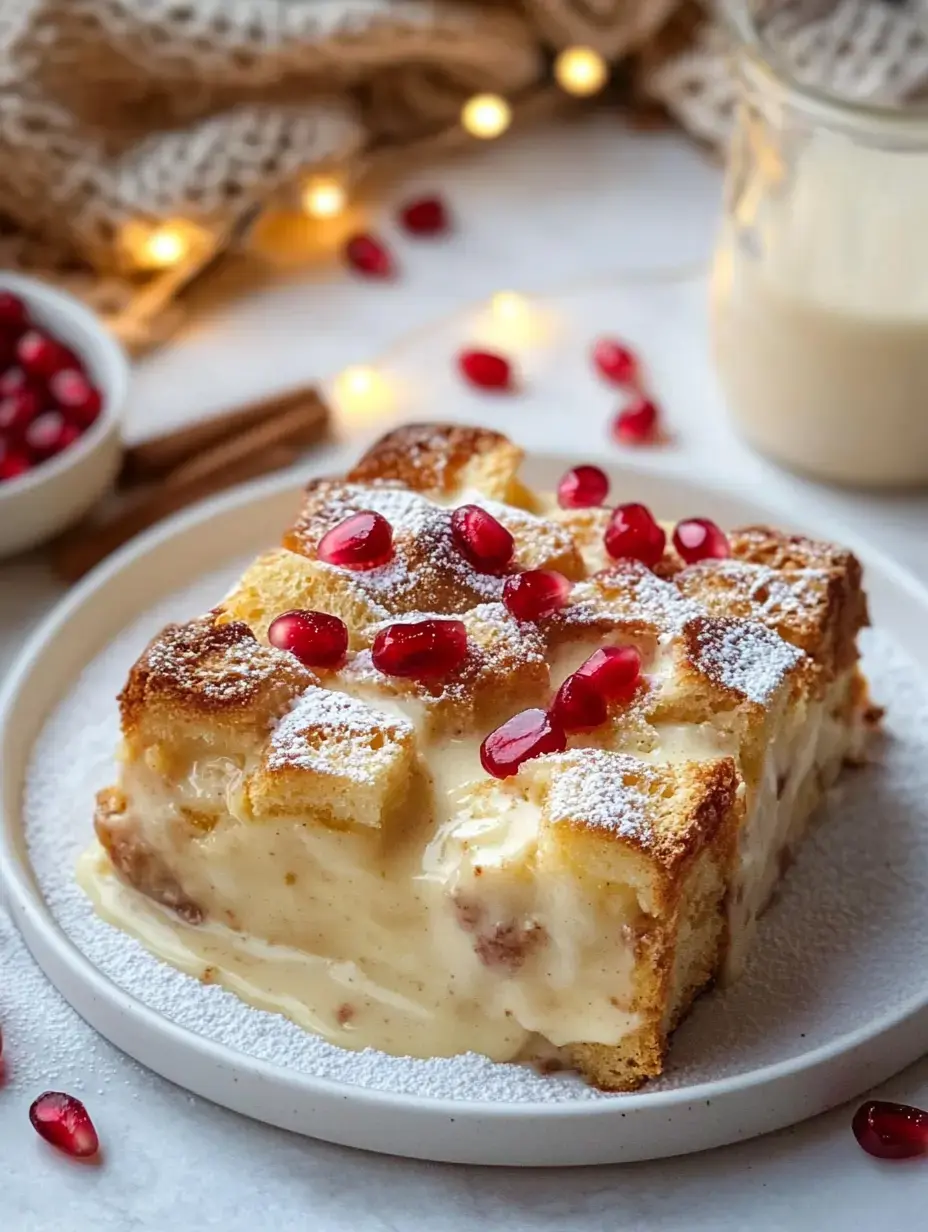 A slice of creamy bread pudding is topped with powdered sugar and garnished with pomegranate seeds, served on a white plate with festive lights and cinnamon sticks in the background.