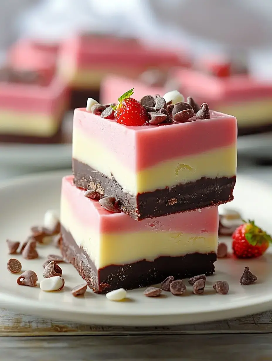 A close-up of layered dessert bars featuring chocolate, white, pink, and yellow layers, topped with chocolate chips and a strawberry.