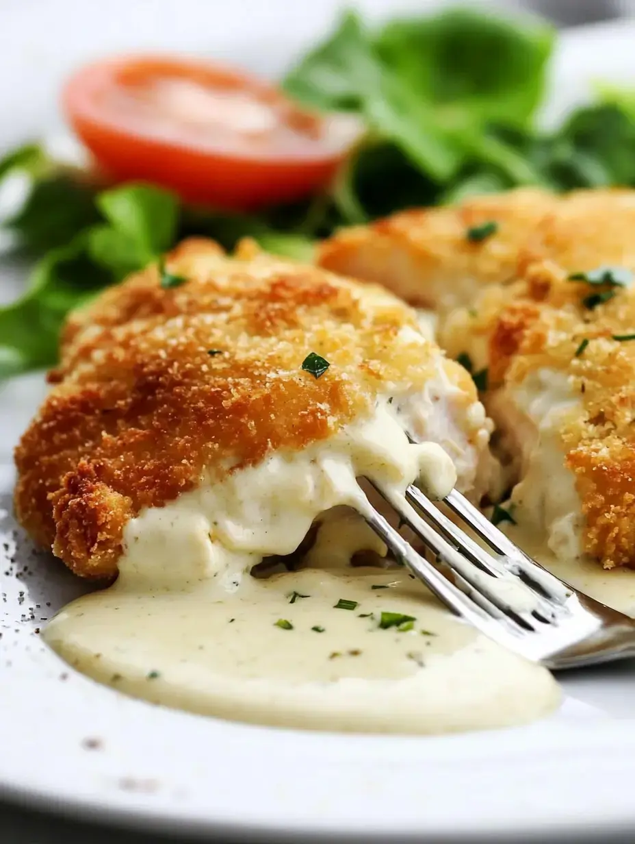 A close-up of a plate featuring crispy chicken cutlets drizzled with creamy sauce, accompanied by a slice of tomato and a bed of leafy greens.