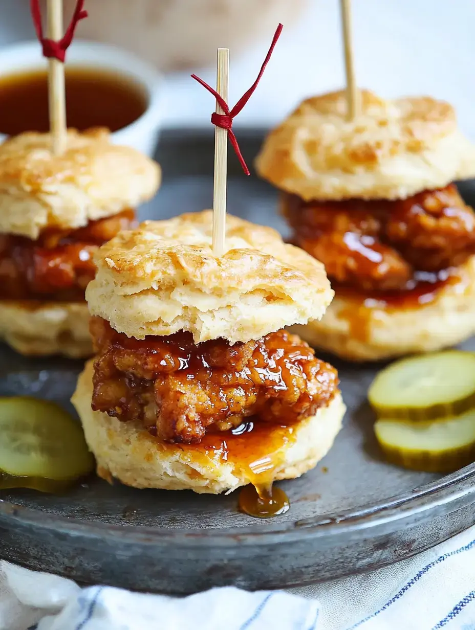 Three crispy chicken biscuit sliders drizzled with sauce, garnished with pickles, on a metal plate.