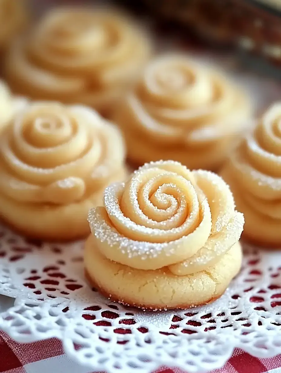 A close-up of beautifully decorated cookies shaped like roses, dusted with powdered sugar and placed on a lace doily.