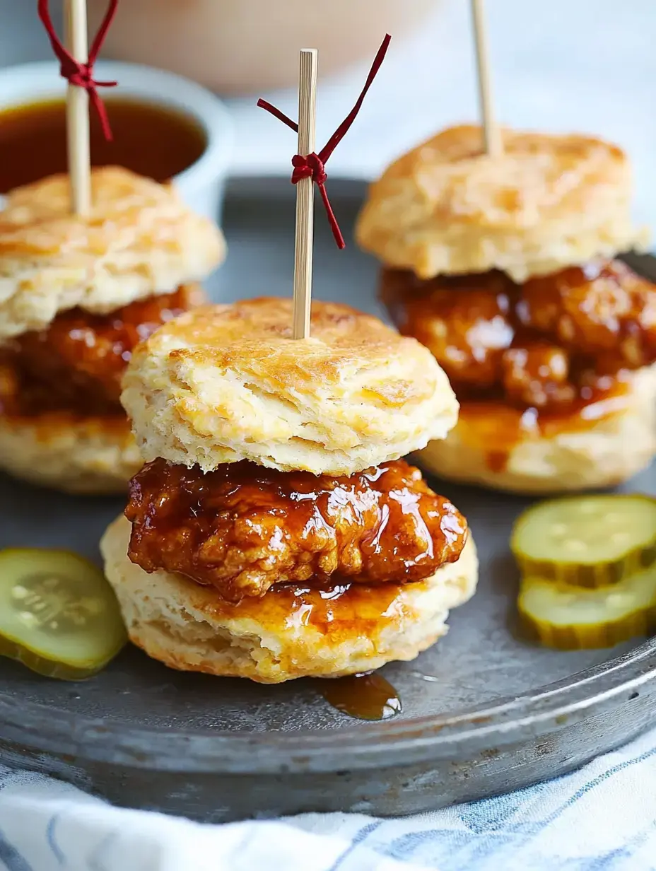 Three chicken biscuit sliders drizzled with sauce, garnished with red picks, and surrounded by pickle slices on a serving platter.