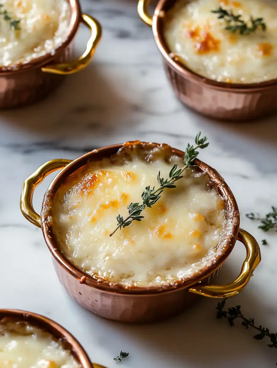 A close-up of individual ceramic dishes filled with baked, cheesy goodness, garnished with sprigs of thyme.