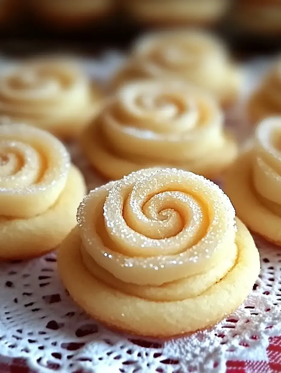 A close-up of beautifully crafted cookies shaped like rose flowers, dusted with sugar, displayed on a delicate lace doily.