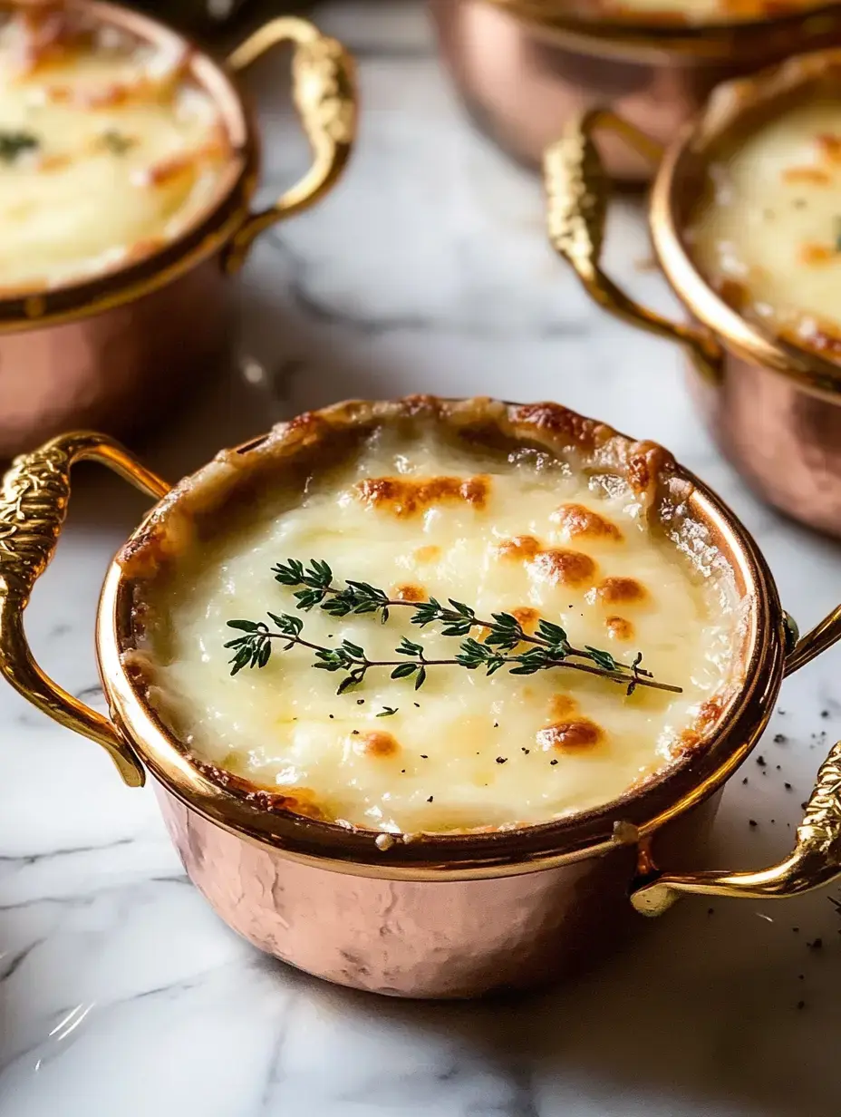 A close-up of a copper pot filled with creamy, baked macaroni and cheese, garnished with a sprig of thyme.