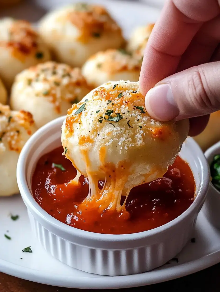 A hand dips a cheesy garlic bread ball into a bowl of marinara sauce, with more cheese-stuffed bread balls in the background.