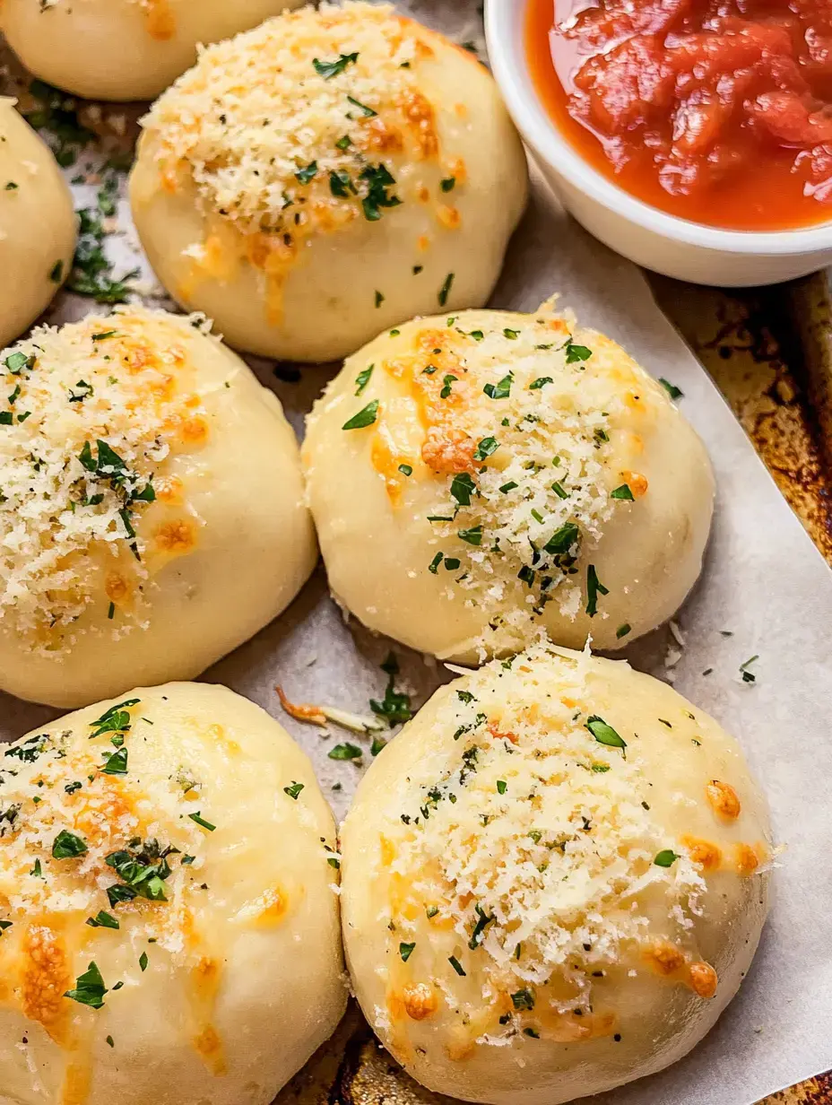 A close-up image of golden-brown cheesy bread rolls topped with herbs and breadcrumbs, accompanied by a small bowl of marinara sauce.