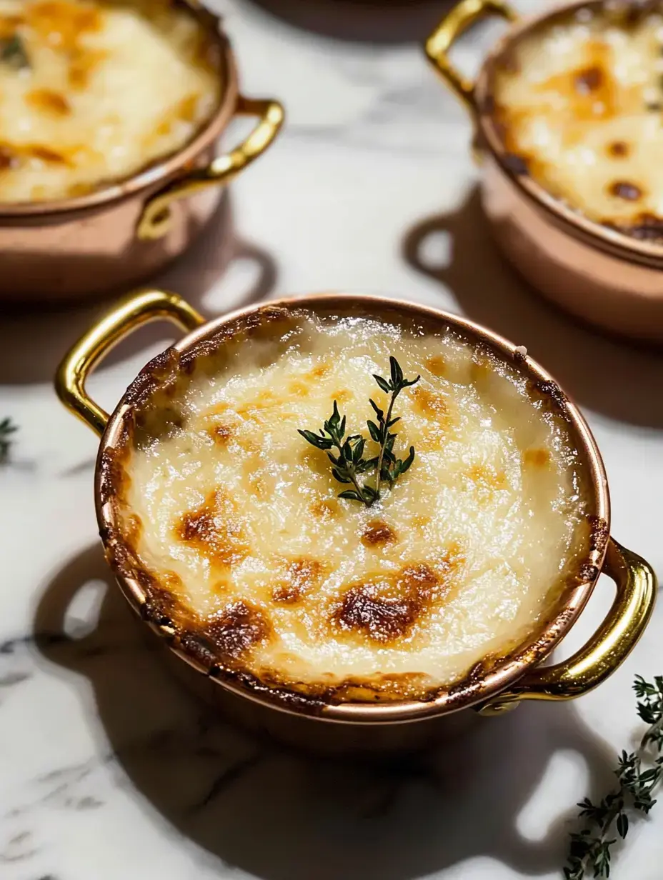 A close-up of a golden-brown, bubbly dish topped with thyme leaves, served in a copper pot.