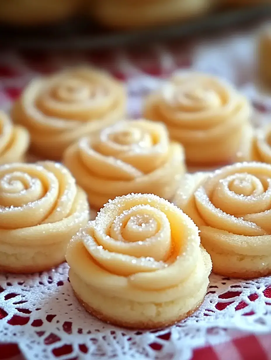 A close-up of delicately crafted rose-shaped pastries dusted with sugar, arranged on a lace doily.