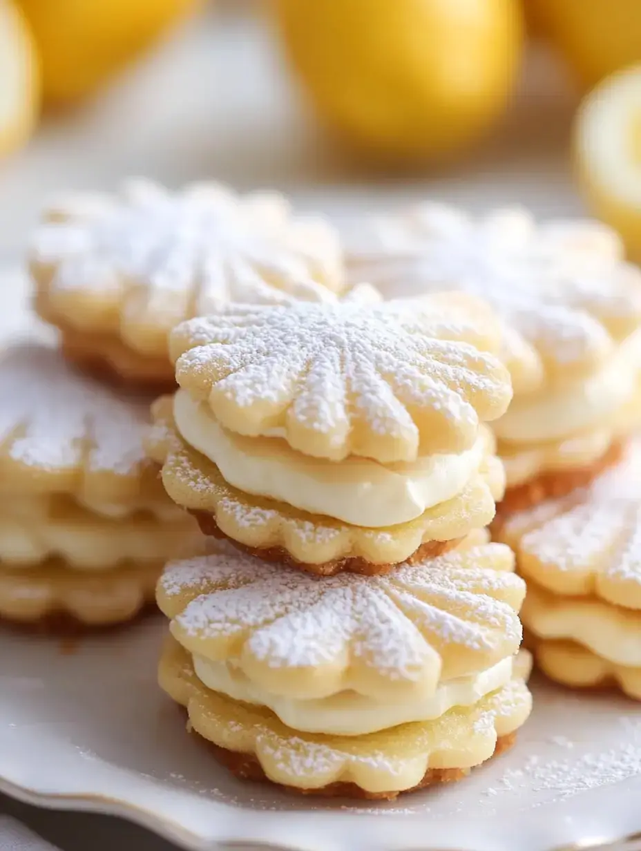 A close-up of beautifully arranged lemon-flavored cookies filled with cream and dusted with powdered sugar, set against a backdrop of fresh lemons.